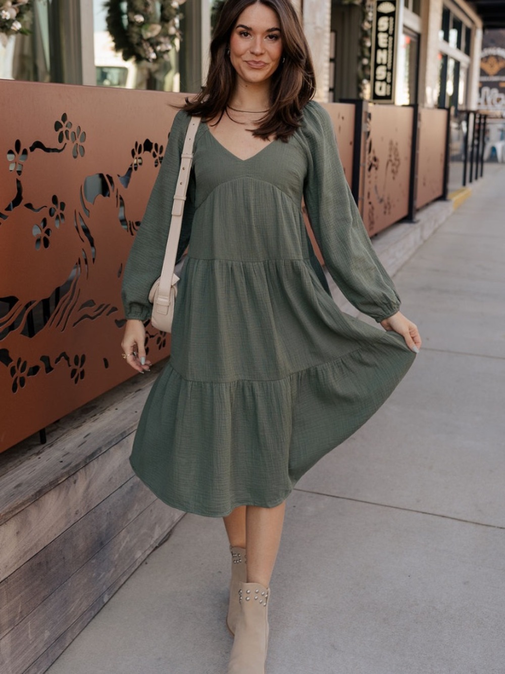 Lizard Thicket Selene Olive Gauze Tiered Midi Dress - Boho Long Sleeve- Medium